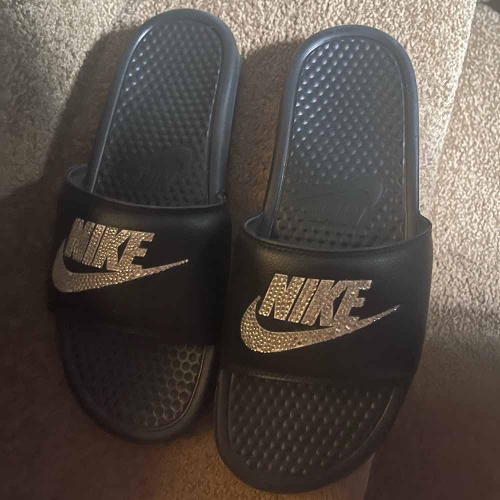 Black Nike slides with rhinestones